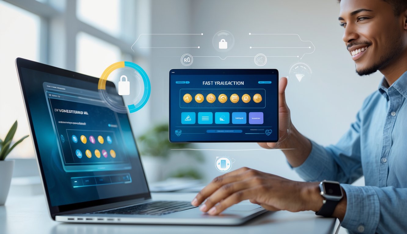 Seorang dewasa muda sedang menggunakan laptop di meja kerja modern dengan antarmuka digital permainan online di layar.