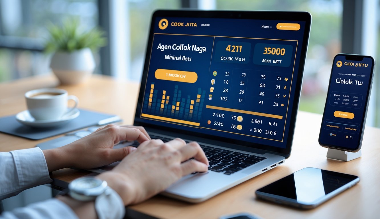 Seseorang menggunakan laptop dan ponsel untuk bermain taruhan online di meja kerja dengan suasana profesional.