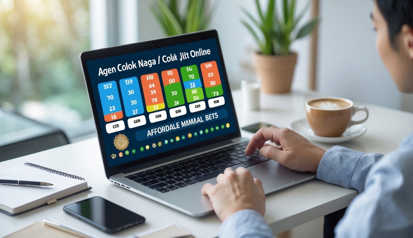 Seseorang menggunakan laptop di meja kerja dengan tampilan antarmuka taruhan online dan alat tulis di sekitarnya.