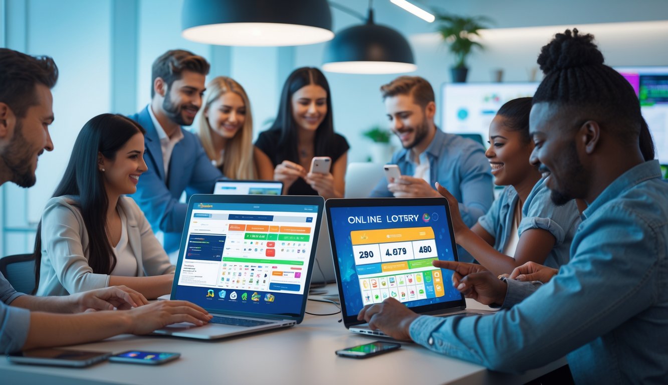 Sekelompok orang sedang menggunakan laptop dan ponsel untuk bermain permainan online di sebuah kantor modern.