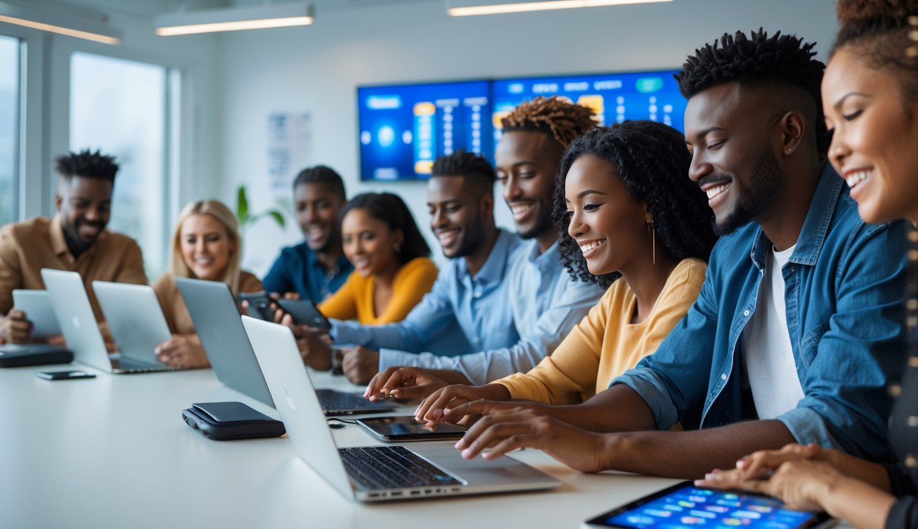 Sekelompok orang yang sedang menggunakan perangkat digital di ruangan terang dengan suasana aktif dan ramah.