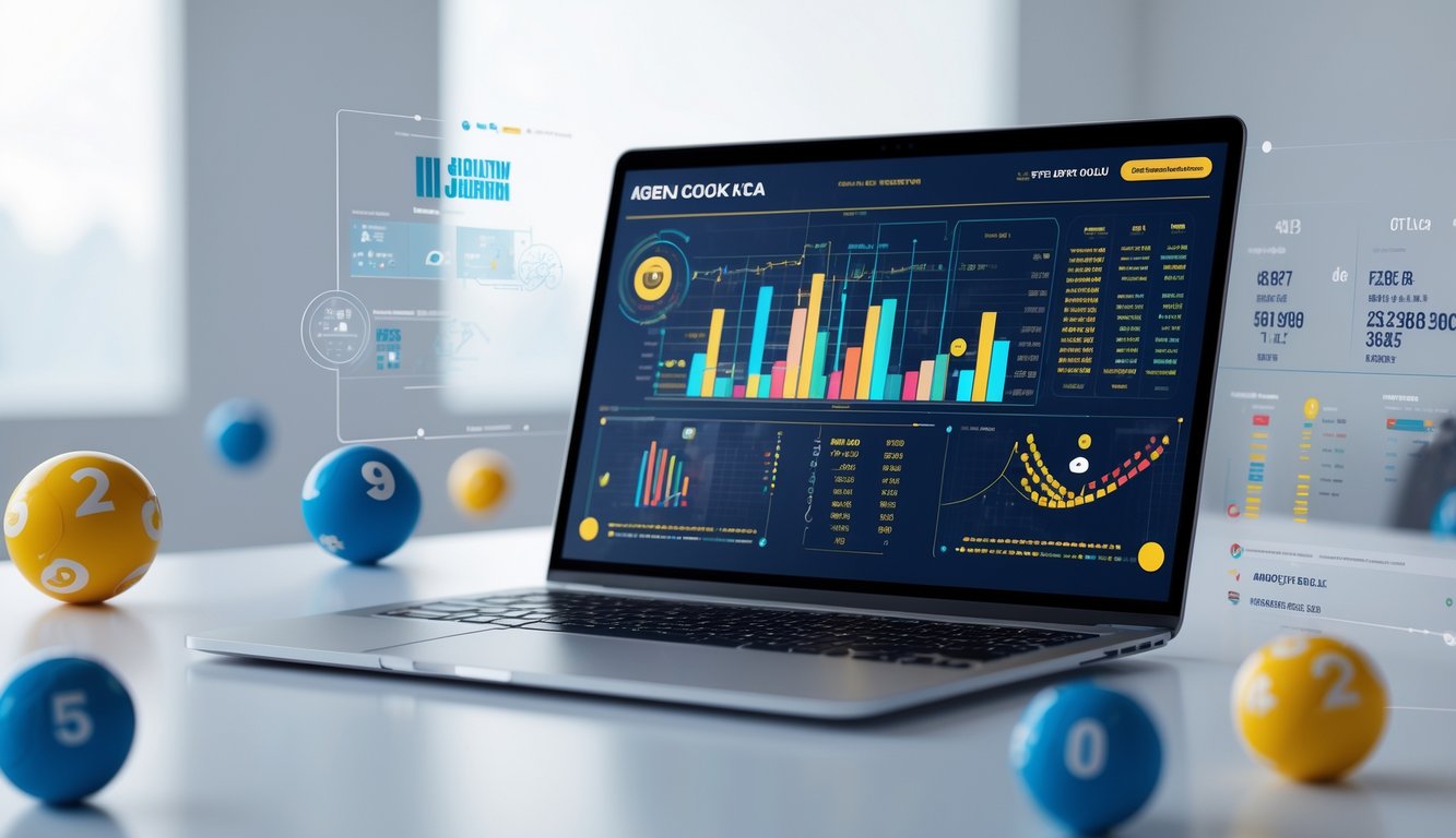 Seorang profesional bekerja dengan laptop yang menampilkan grafik statistik lengkap tentang permainan judi online di ruang kerja modern.