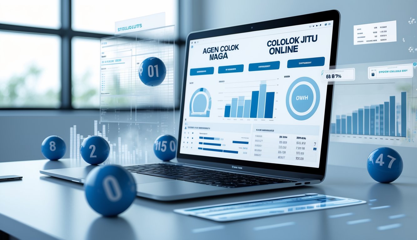 Seorang profesional menggunakan laptop dengan grafik statistik dan elemen angka yang melambangkan taruhan online dan analisis data.