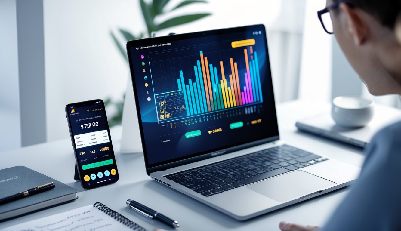 Meja kerja modern dengan komputer dan ponsel yang menampilkan grafik dan aplikasi taruhan online, dikelilingi alat tulis dan suasana fokus.