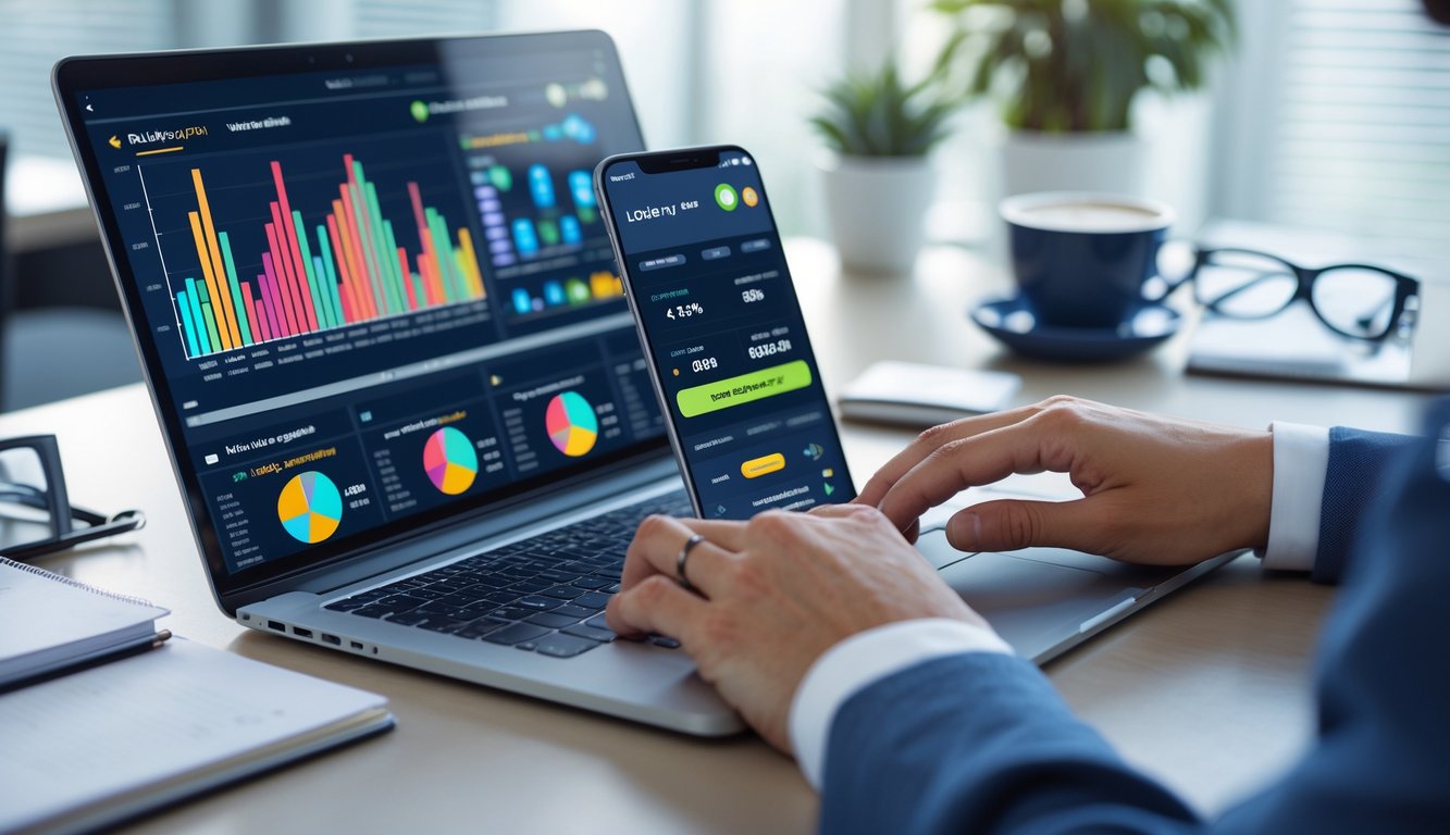Seseorang menggunakan laptop dan ponsel di meja kerja dengan grafik dan aplikasi taruhan online terlihat di layar.