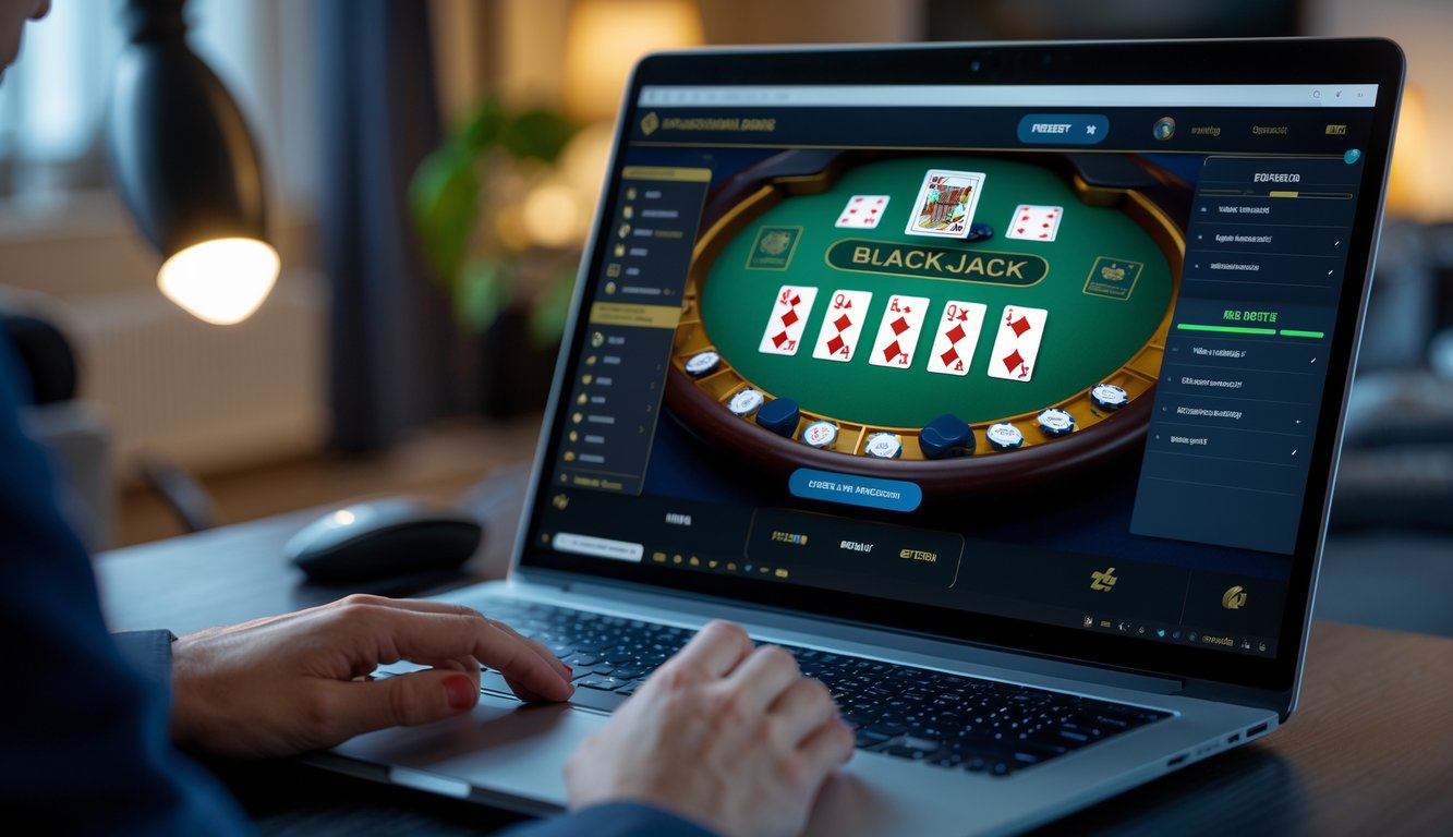 Seseorang bermain blackjack online di komputer dengan suasana ruangan yang nyaman dan pencahayaan lembut.