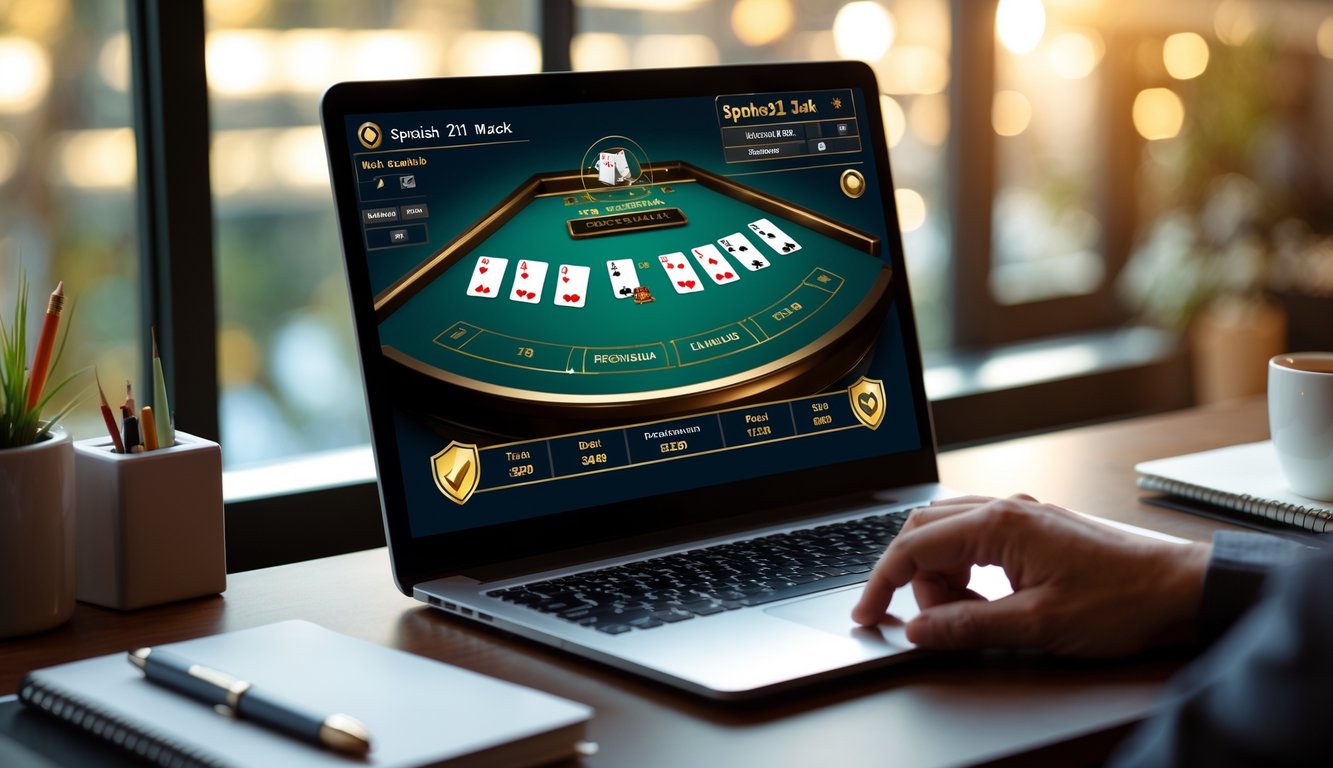 Seorang pengguna komputer sedang bermain blackjack Spanish 21 online dengan tampilan meja kartu di layar, di meja terdapat alat tulis dan secangkir kopi.