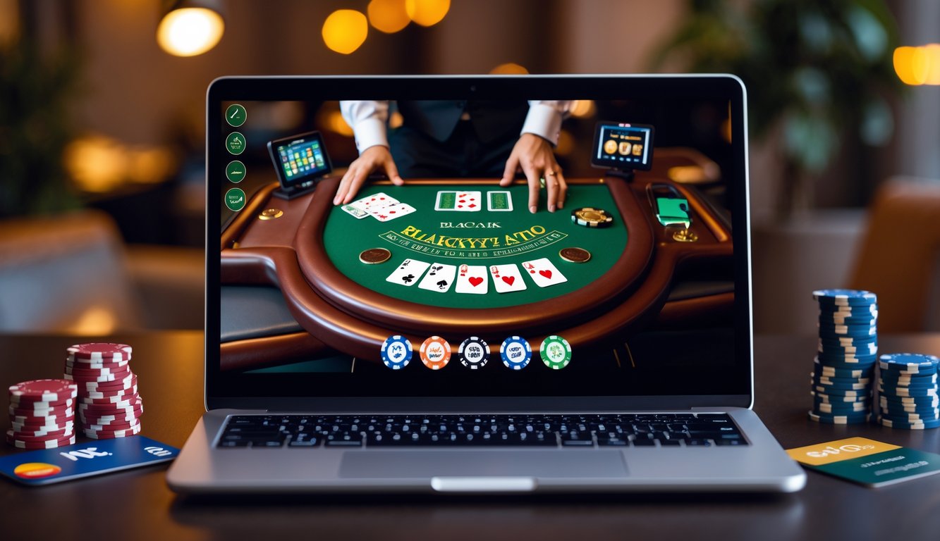 Seorang pemain sedang menggunakan komputer dengan meja Blackjack digital di layar, dikelilingi chip poker dan perangkat pembayaran dalam ruangan yang nyaman.