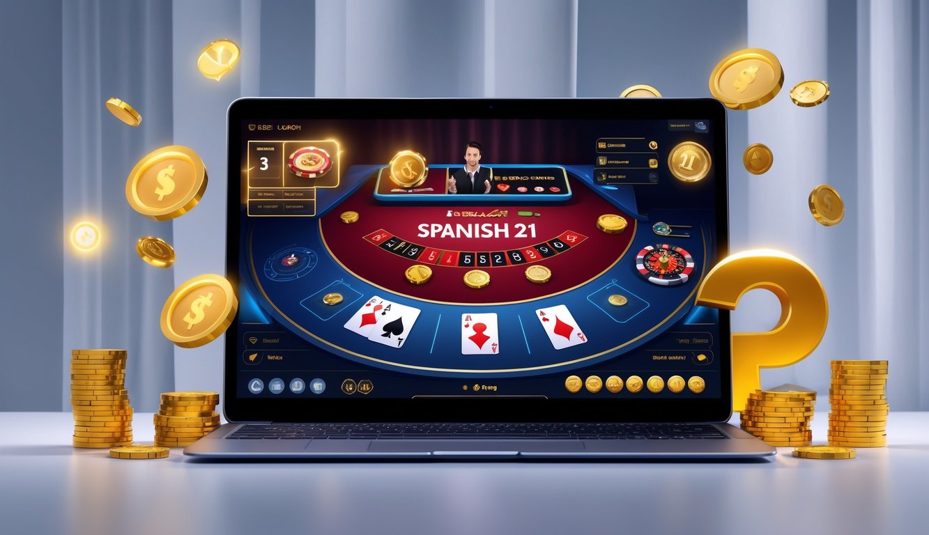 Seseorang bermain blackjack Spanish 21 secara online menggunakan komputer dengan tampilan kartu dan chip di layar.