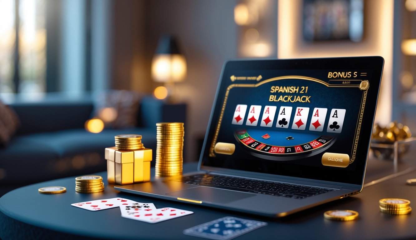Sebuah laptop dengan meja blackjack Spanish 21 digital, dikelilingi oleh tumpukan koin emas dan kotak hadiah, di dalam ruangan dengan dekorasi kasino yang samar.