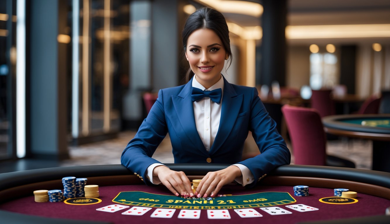 Seorang dealer profesional sedang mengelola permainan blackjack Spanish 21 di meja kasino dengan kartu dan chip tertata rapi.