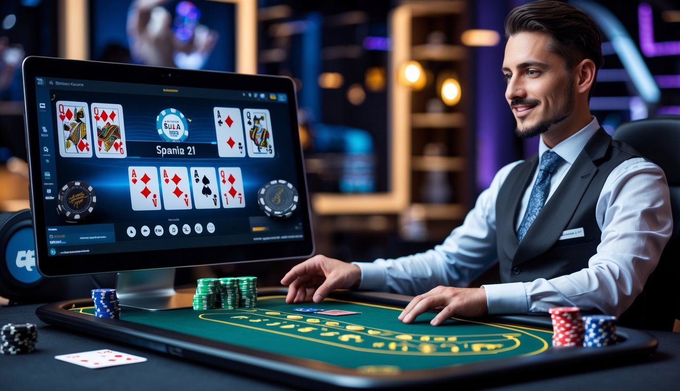 Seorang dealer profesional sedang mengelola permainan blackjack Spanish 21 secara online dengan komputer di studio permainan yang terang dan rapi.
