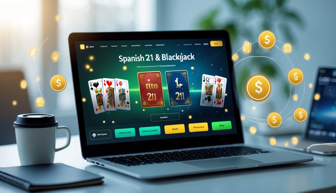 Seorang pengguna sedang bermain permainan kartu Spanish 21 dan Blackjack secara online di komputer dengan ikon pembayaran digital di sekitar layar.