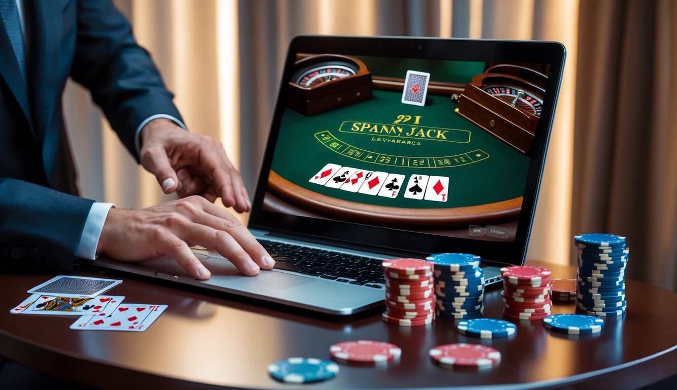 Meja kerja dengan laptop yang menampilkan permainan blackjack Spanish 21 online, dikelilingi chip poker dan kartu remi, dengan tangan seseorang yang sedang menggunakan laptop.