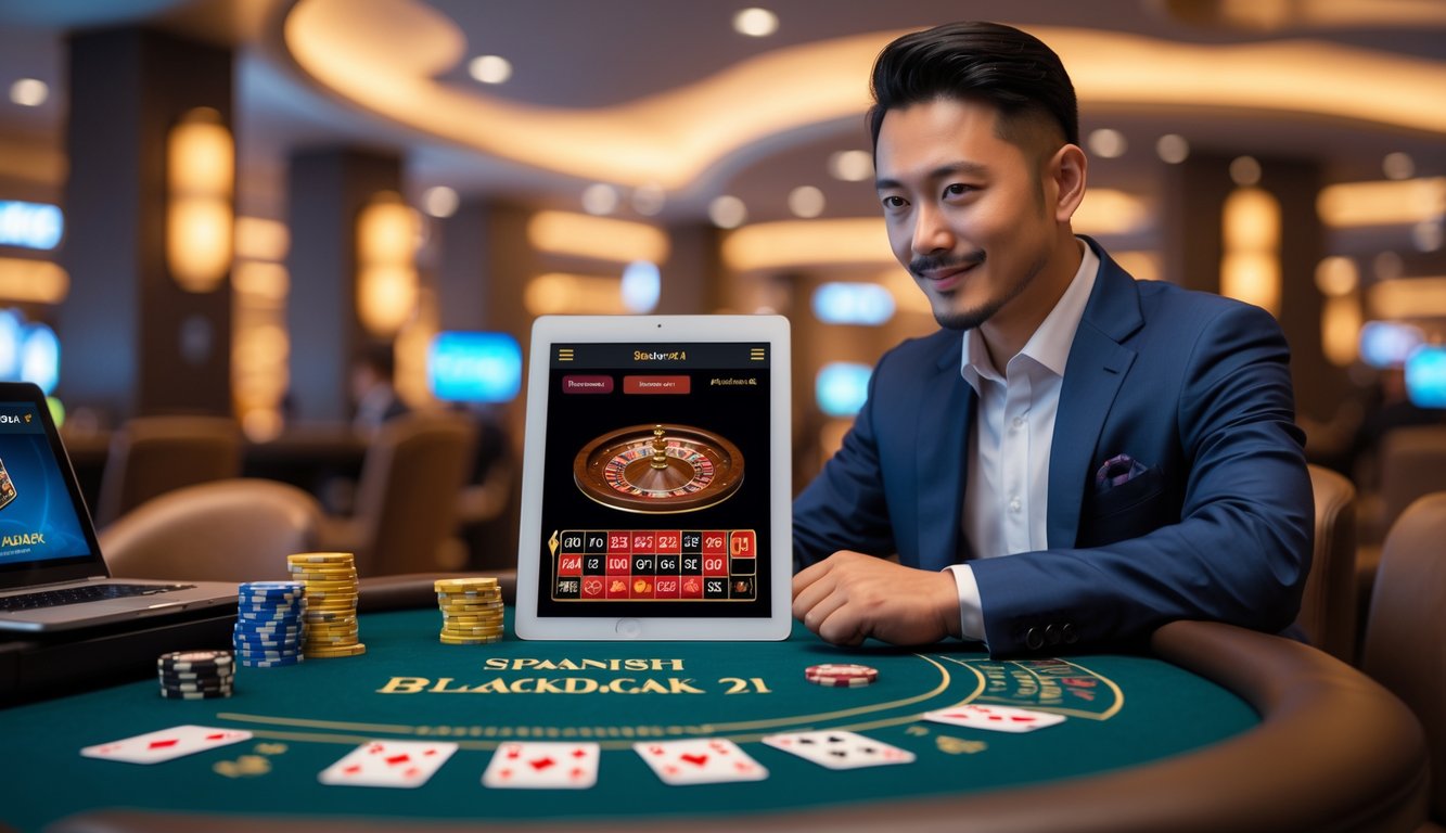 Seorang pria Asia duduk di meja kasino dengan tablet yang menampilkan permainan blackjack Spanish 21, suasana kasino modern dan profesional.