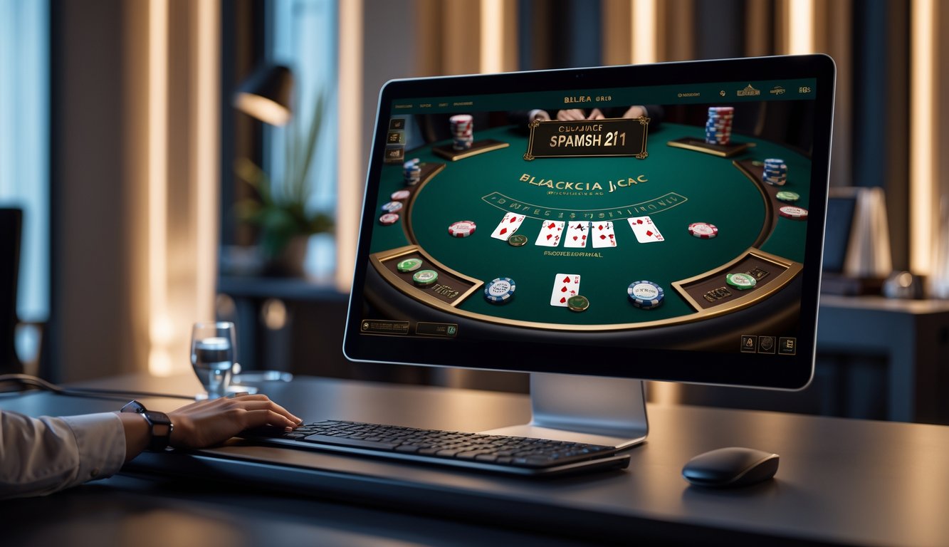 Sebuah meja blackjack online dengan kartu dan chip di layar komputer, menampilkan suasana permainan kasino yang eksklusif dan profesional.