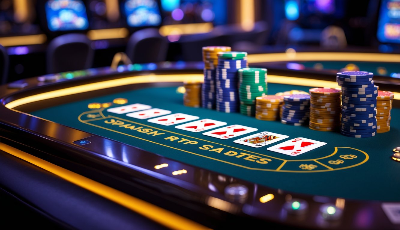 Tampilan meja blackjack online dengan kartu dan chip di layar komputer.