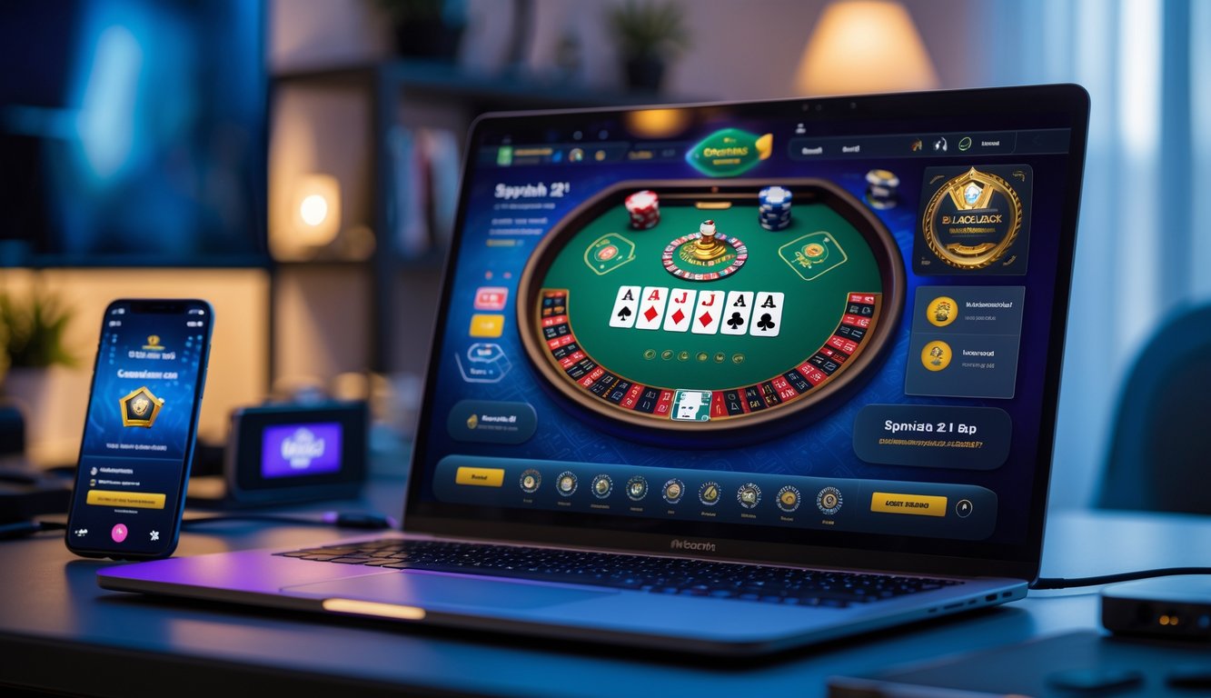 Seorang pria menggunakan laptop dan ponsel untuk bermain blackjack online di ruang kerja modern yang terang.