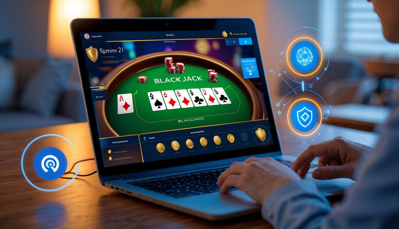 Seseorang menggunakan komputer dengan tampilan permainan blackjack Spanish 21 online di layar dalam suasana ruangan yang nyaman.