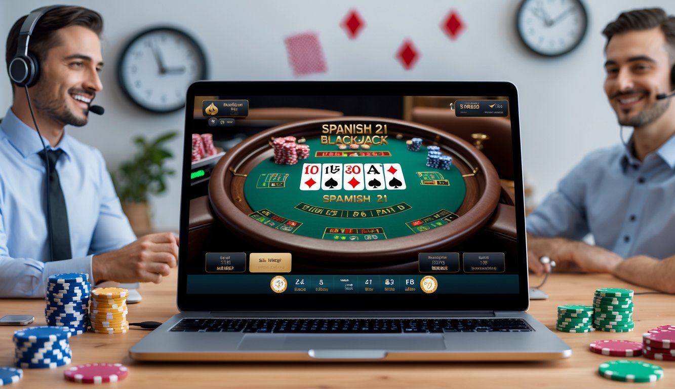 Seorang perwakilan layanan pelanggan yang ramah menggunakan headset di depan komputer yang menampilkan permainan blackjack Spanish 21 secara online dengan suasana yang profesional dan terang.