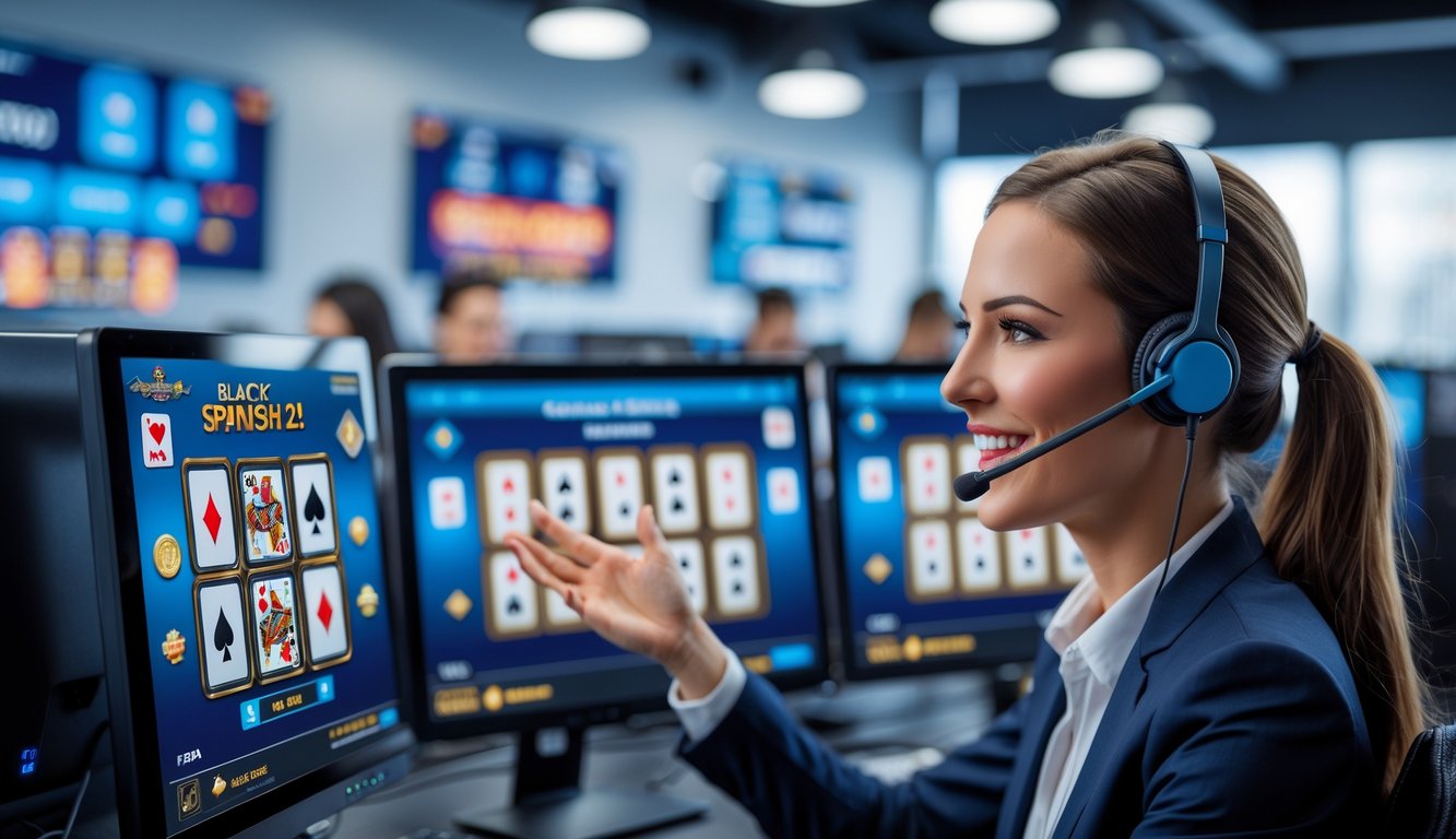 Seorang petugas layanan pelanggan dengan headset sedang melayani pemain blackjack online di ruang kantor modern dengan beberapa monitor yang menampilkan permainan kartu virtual.