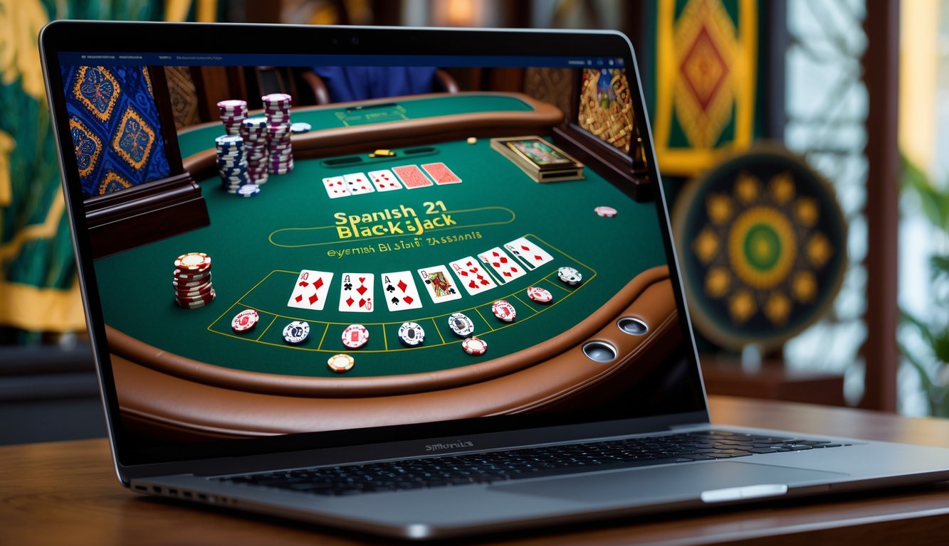 Seorang pemain sedang bermain blackjack online di depan layar komputer dengan latar belakang elemen budaya Indonesia.