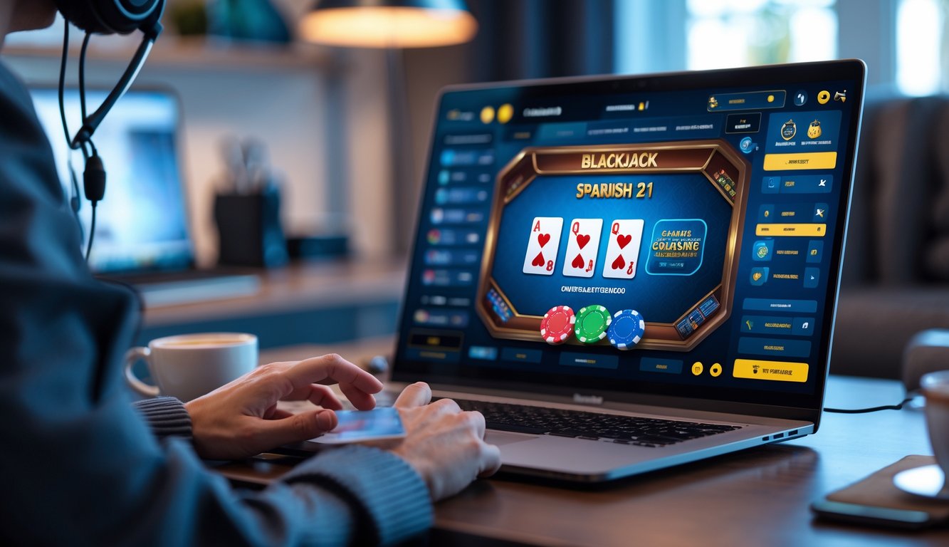 Sebuah layar komputer menampilkan permainan blackjack Spanish 21 online dengan kartu dan chip, di sebuah ruangan gaming yang nyaman.