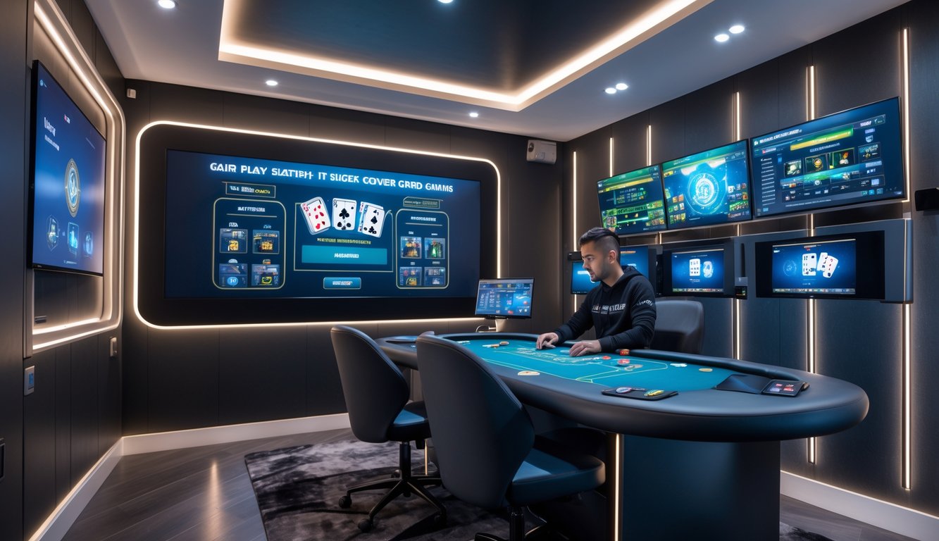 Sebuah ruangan pribadi modern dengan layar digital besar dan pemain yang fokus menggunakan sistem permainan kartu online.