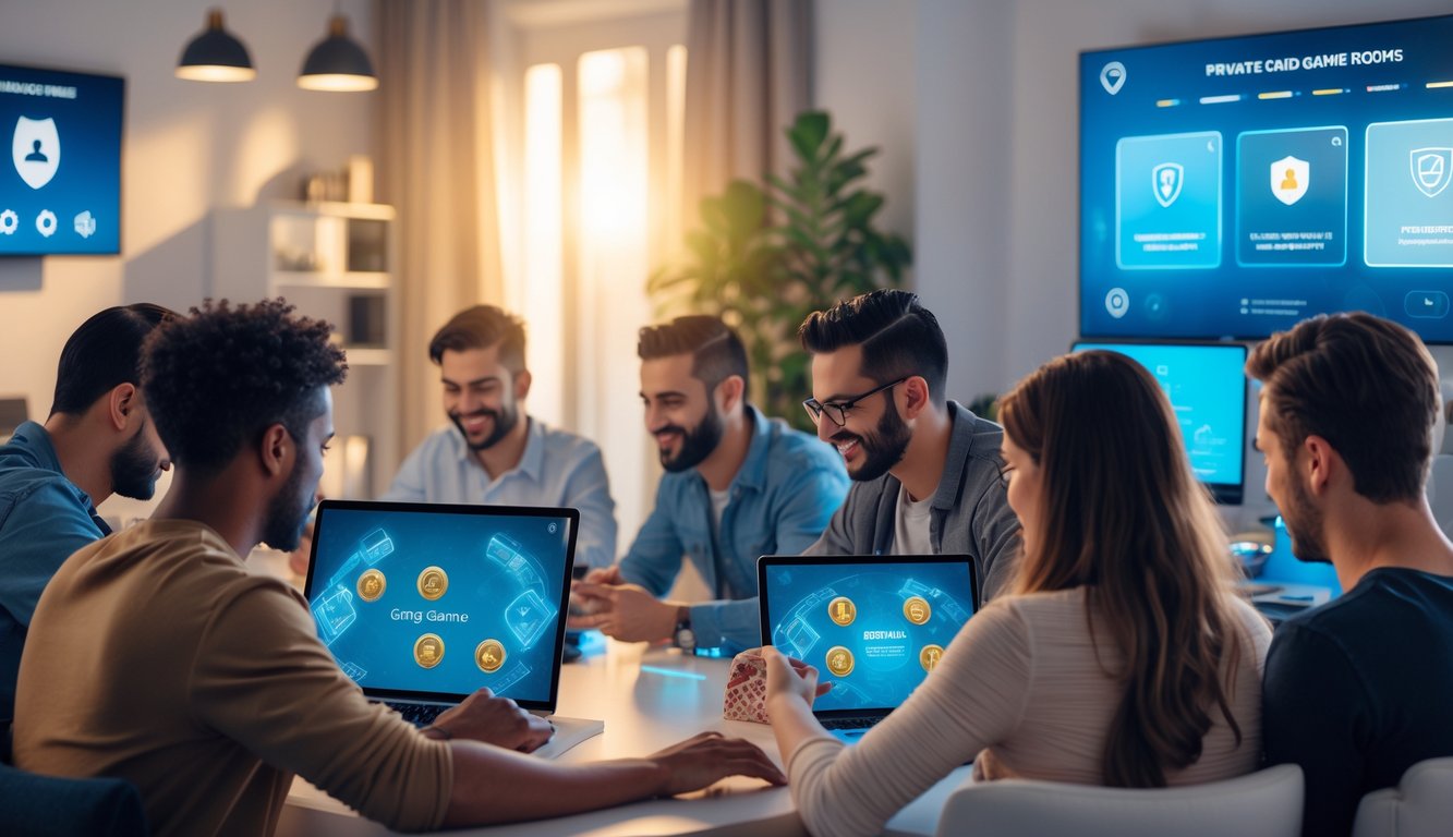 Orang-orang bermain kartu secara online di ruang privat dengan suasana yang profesional dan terpercaya.