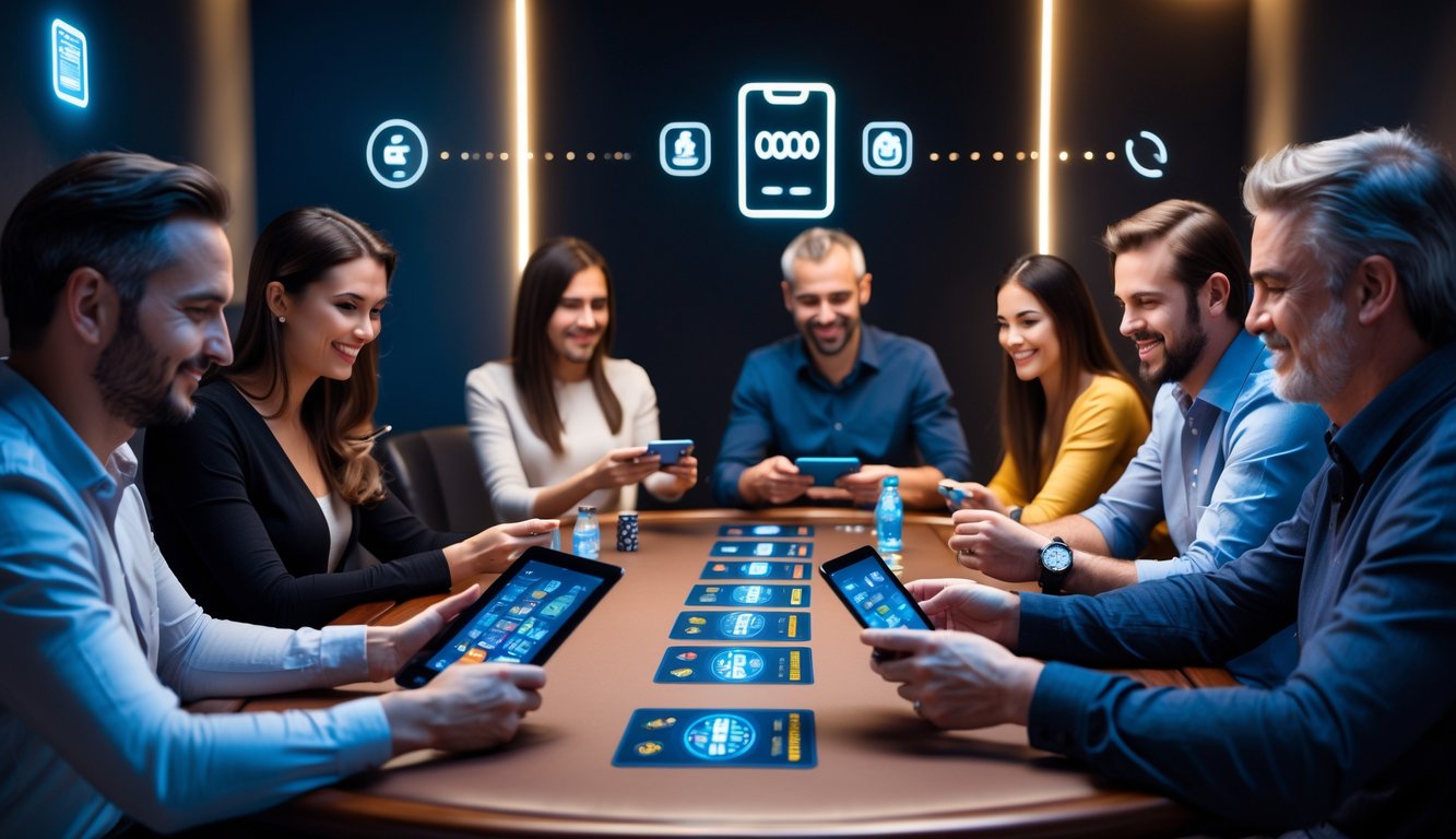 Sebuah ruangan pribadi dengan meja kayu dan perangkat digital tempat orang bermain permainan kartu online dengan fokus dan nyaman.