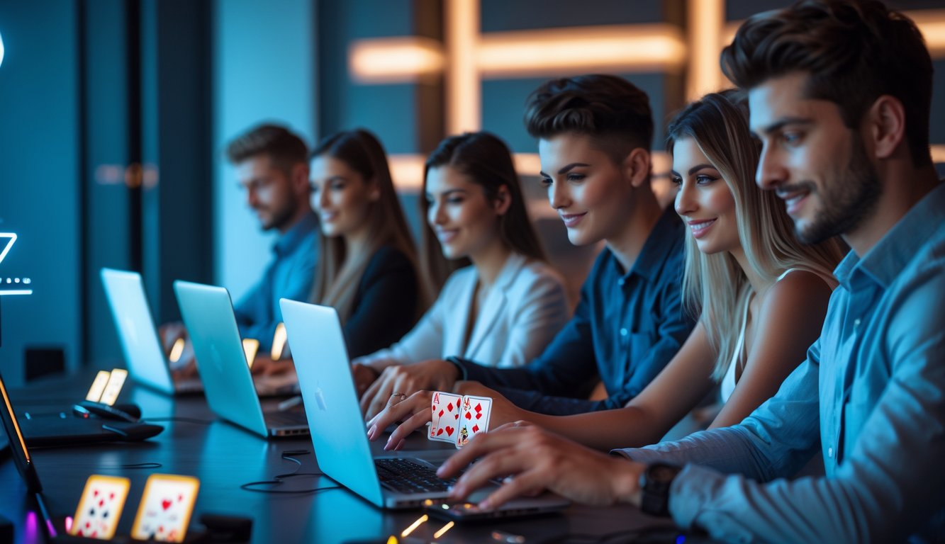 Sekelompok orang muda sedang bermain permainan kartu online di laptop dan ponsel di ruangan modern dengan pencahayaan hangat.
