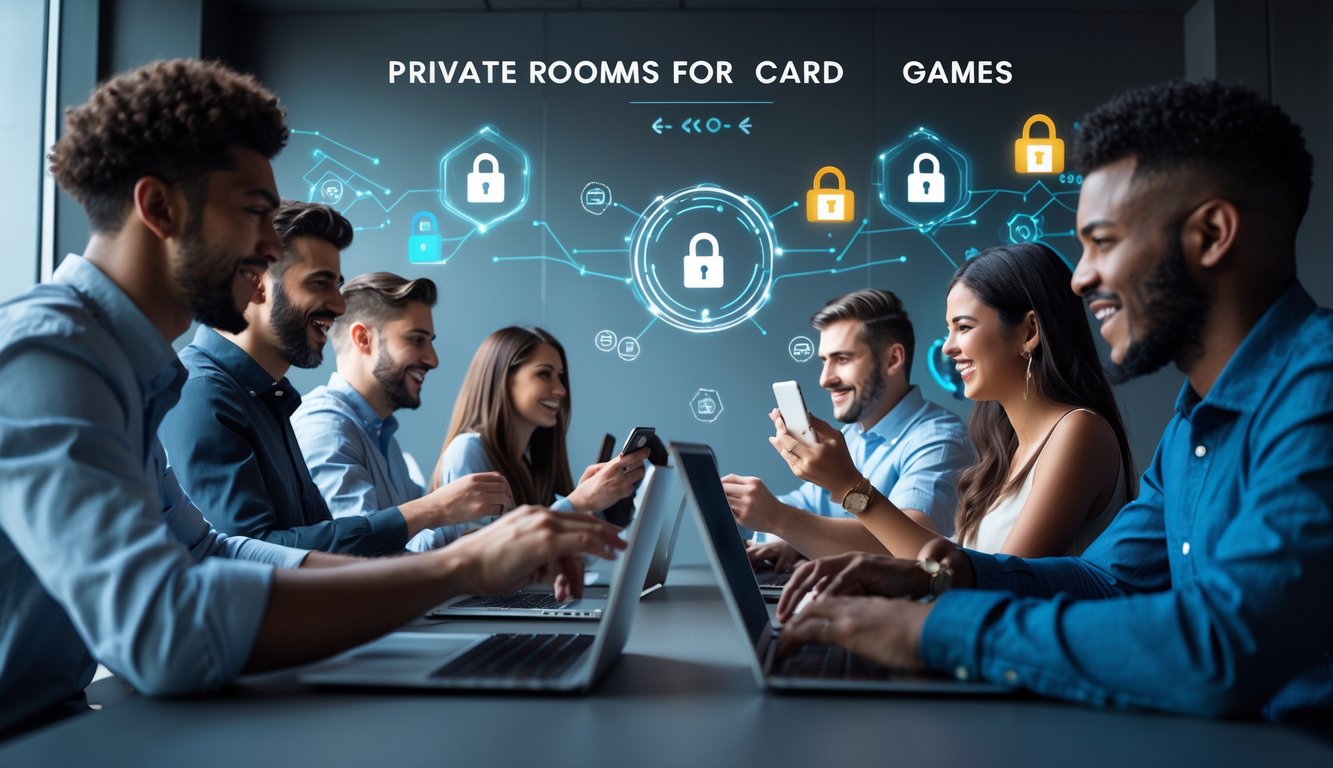 Beberapa orang menggunakan perangkat digital di ruangan modern dengan elemen keamanan digital yang menunjukkan lingkungan permainan online yang aman dan terpercaya.