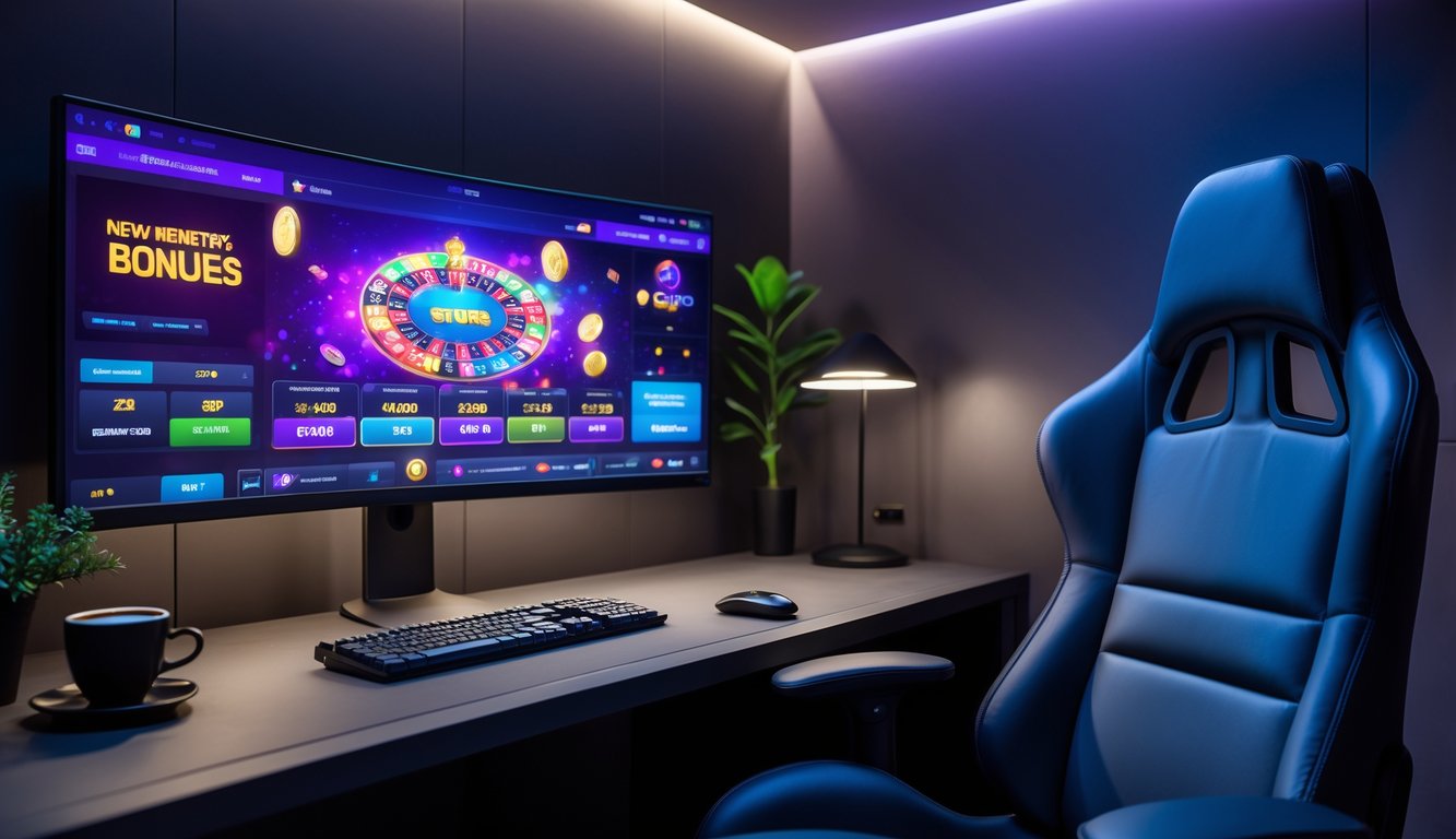 Ruangan pribadi modern dengan komputer dan kursi yang nyaman, menampilkan layar permainan online dengan suasana yang hangat dan eksklusif.