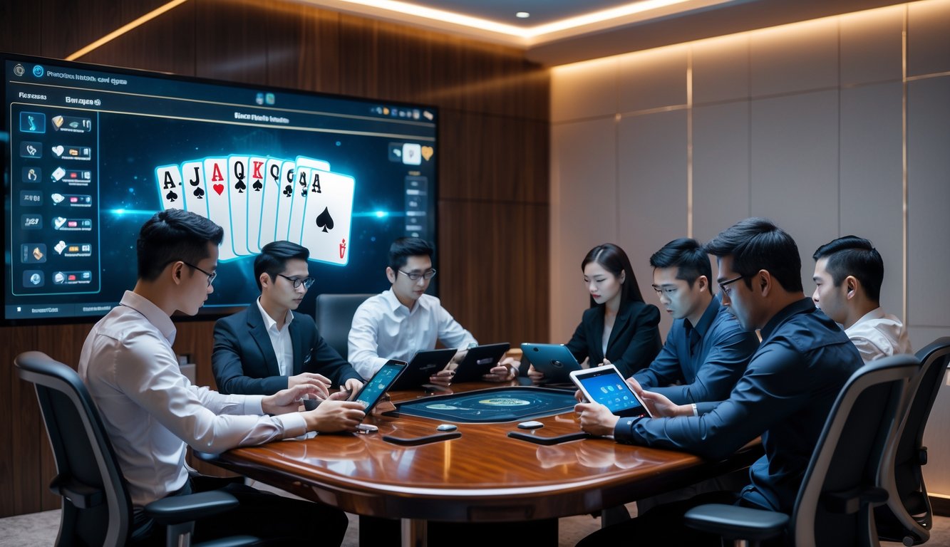 Beberapa pemain profesional sedang duduk di ruang pribadi bermain kartu secara online dengan perangkat digital.