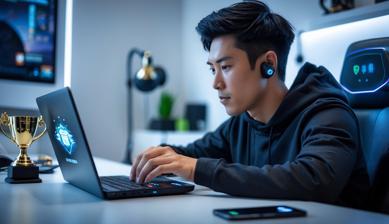 Seorang pria muda sedang fokus bermain permainan kartu online di depan laptop di ruang kerja rumah yang rapi dan terang.