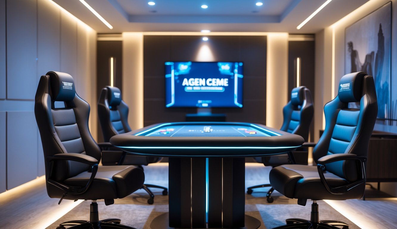 Ruang privat online dengan meja eksklusif untuk bermain Agen Ceme, dilengkapi kursi nyaman dan pencahayaan hangat.