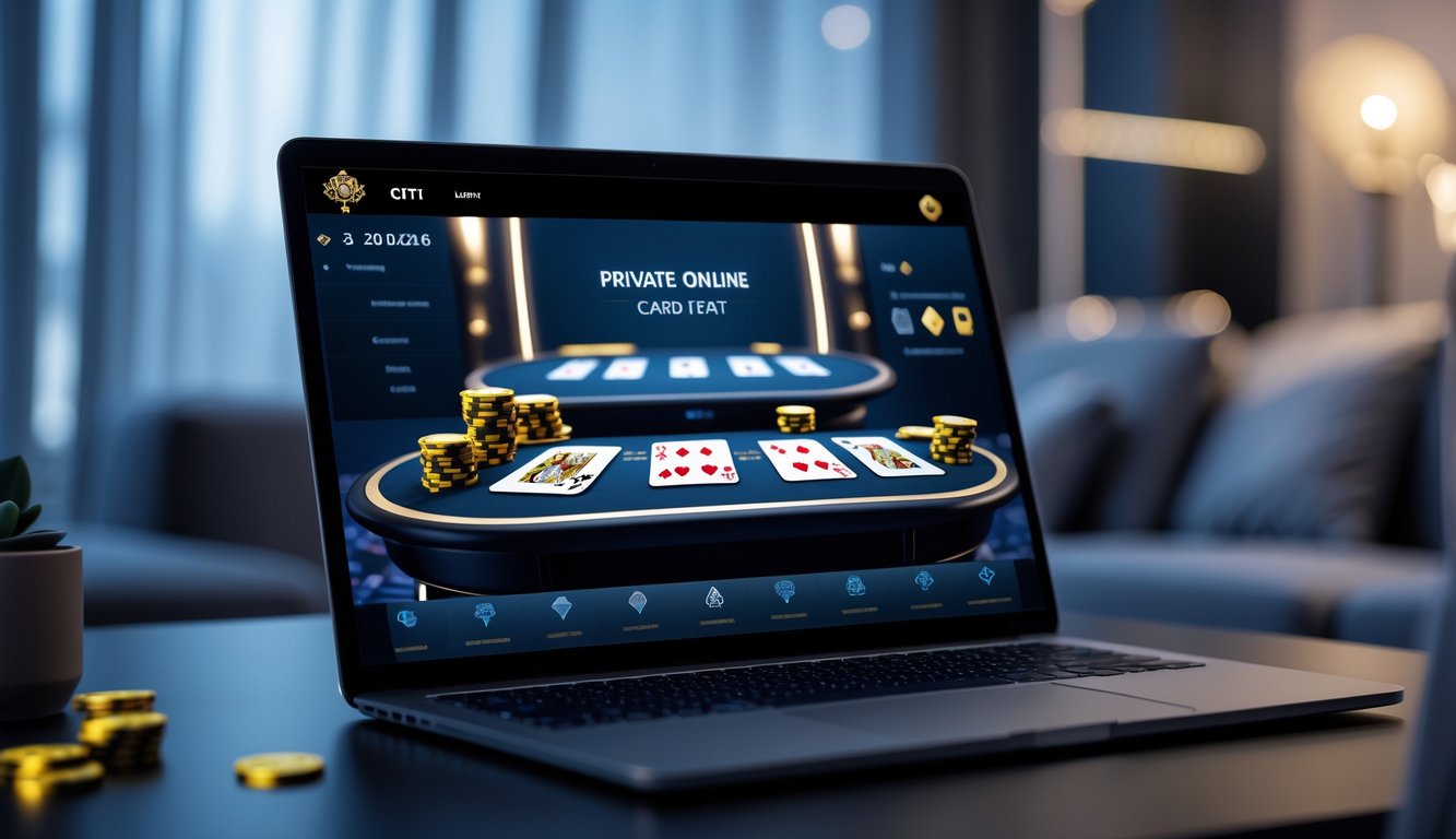 Sebuah meja kartu virtual eksklusif dalam ruangan online dengan latar belakang ruangan modern dan pencahayaan lembut.