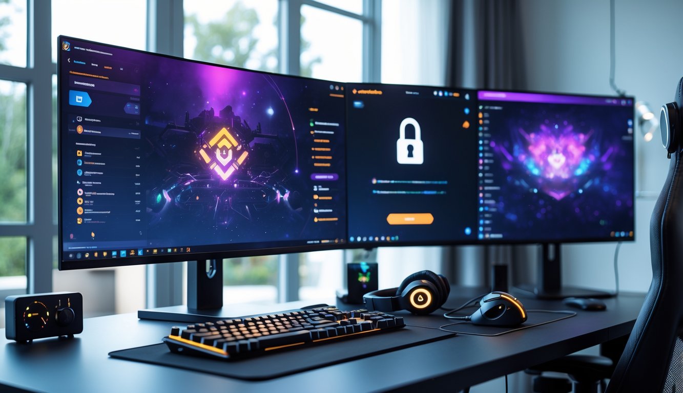 Sebuah ruang kerja rumah modern dengan komputer dan beberapa monitor yang menampilkan antarmuka permainan online dan simbol keamanan, menunjukkan pengalaman bermain game online yang aman dan pribadi.