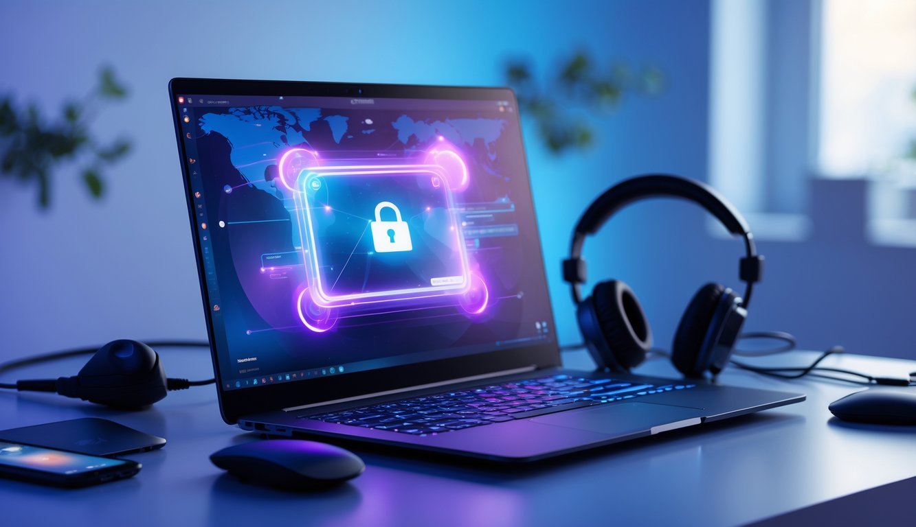 Seorang pengguna bekerja di depan laptop dengan akses ke ruang permainan online pribadi yang aman dan terhubung, dikelilingi oleh perangkat teknologi di meja kerja.