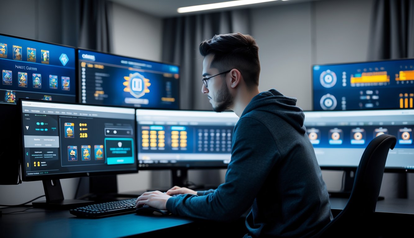 Seseorang duduk di depan komputer dengan beberapa layar yang menampilkan permainan kartu online dan grafik statistik di ruangan pribadi.