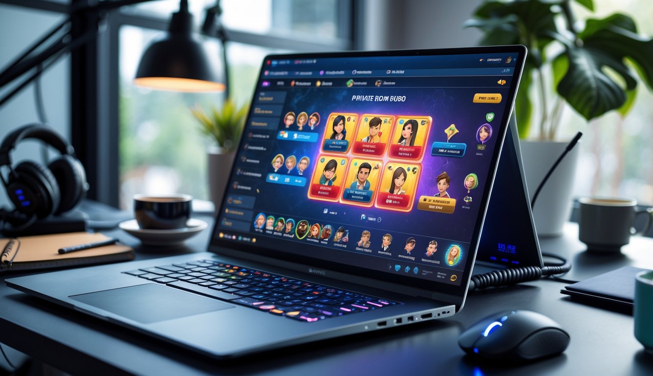 Seorang pengguna di depan laptop dengan tampilan permainan kartu online Ceme di ruang pribadi, dikelilingi oleh aksesori gaming di meja kerja yang rapi.