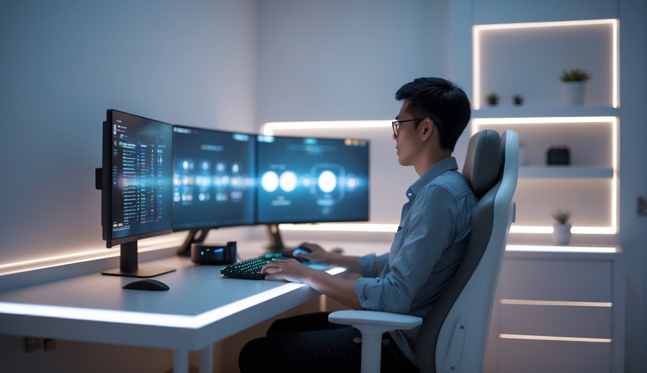 Seorang pria duduk di ruang pribadi modern dengan komputer dan beberapa layar, fokus pada aktivitas online di lingkungan yang tenang dan rapi.