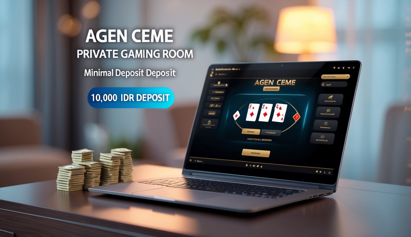 Seorang pengguna sedang bermain permainan kartu online di laptop di ruang tamu yang rapi dengan pencahayaan hangat.