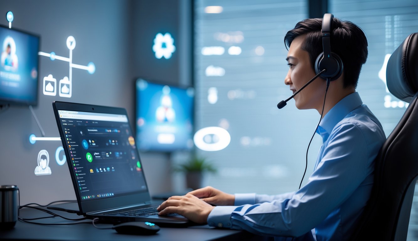 Ruang privat online dengan seorang staf layanan pelanggan yang menggunakan headset sedang membantu klien melalui komputer.