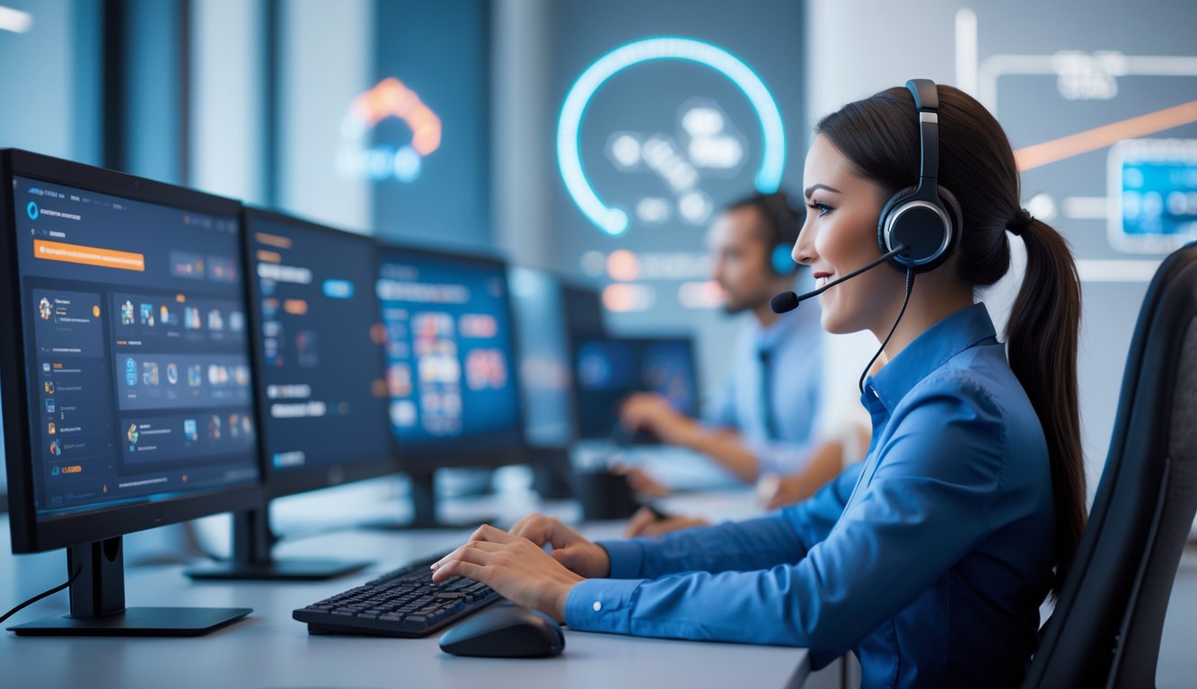 Seorang petugas layanan pelanggan sedang membantu klien melalui komputer di kantor modern dengan peralatan teknologi.