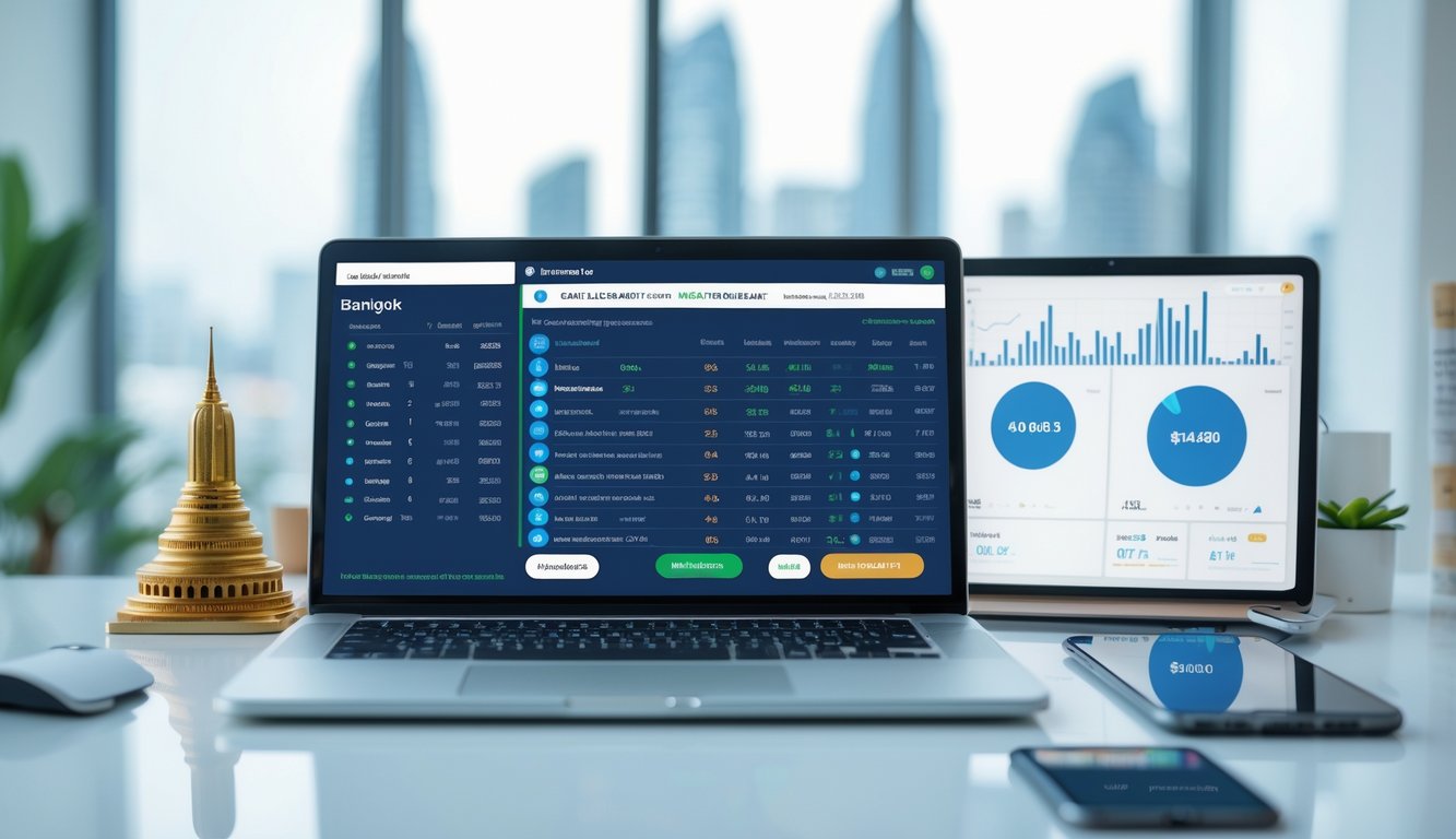 Meja kerja modern dengan perangkat digital yang menampilkan data lotere resmi, dengan latar belakang yang menunjukkan elemen khas Bangkok.