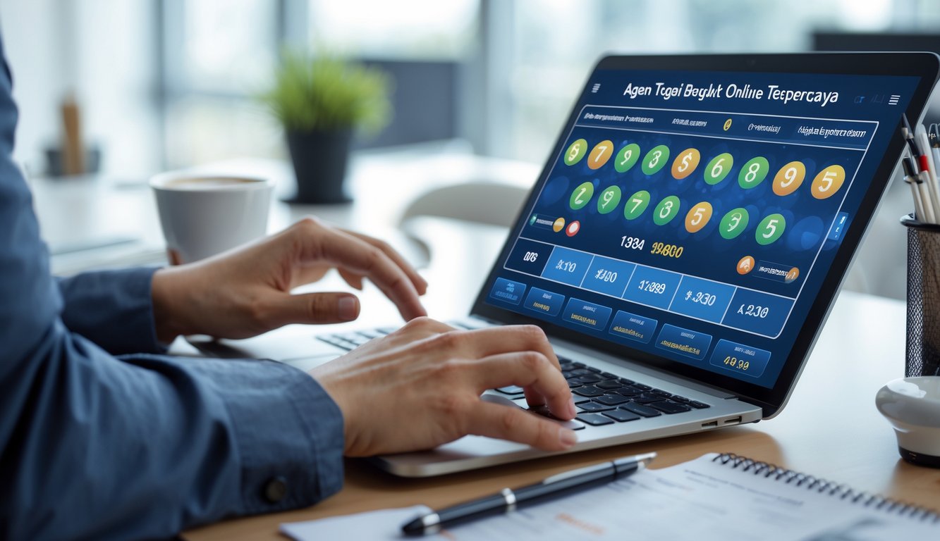 Orang menggunakan laptop dengan tampilan antarmuka lotere digital di meja kerja yang rapi.