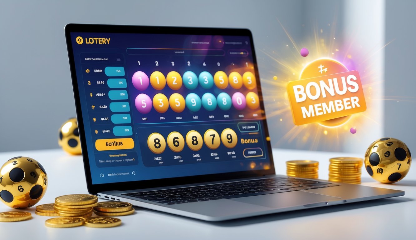 Sebuah ruang kerja modern dengan laptop yang menampilkan antarmuka permainan togel online dan koin emas serta bola togel di sekitarnya.