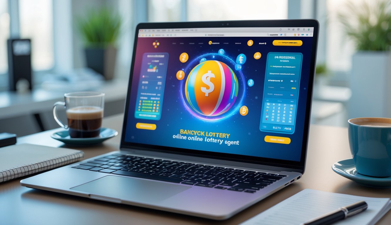 Seorang profesional bekerja di meja dengan laptop yang menampilkan situs togel online, dikelilingi oleh smartphone, cangkir kopi, dan alat tulis di ruang kantor yang terang.