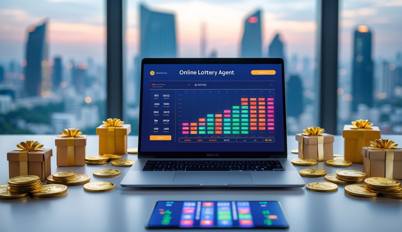 Sebuah meja kerja modern dengan laptop yang menampilkan antarmuka lotere digital, koin emas dan kotak hadiah di sekitarnya, dengan latar belakang samar garis langit Bangkok.